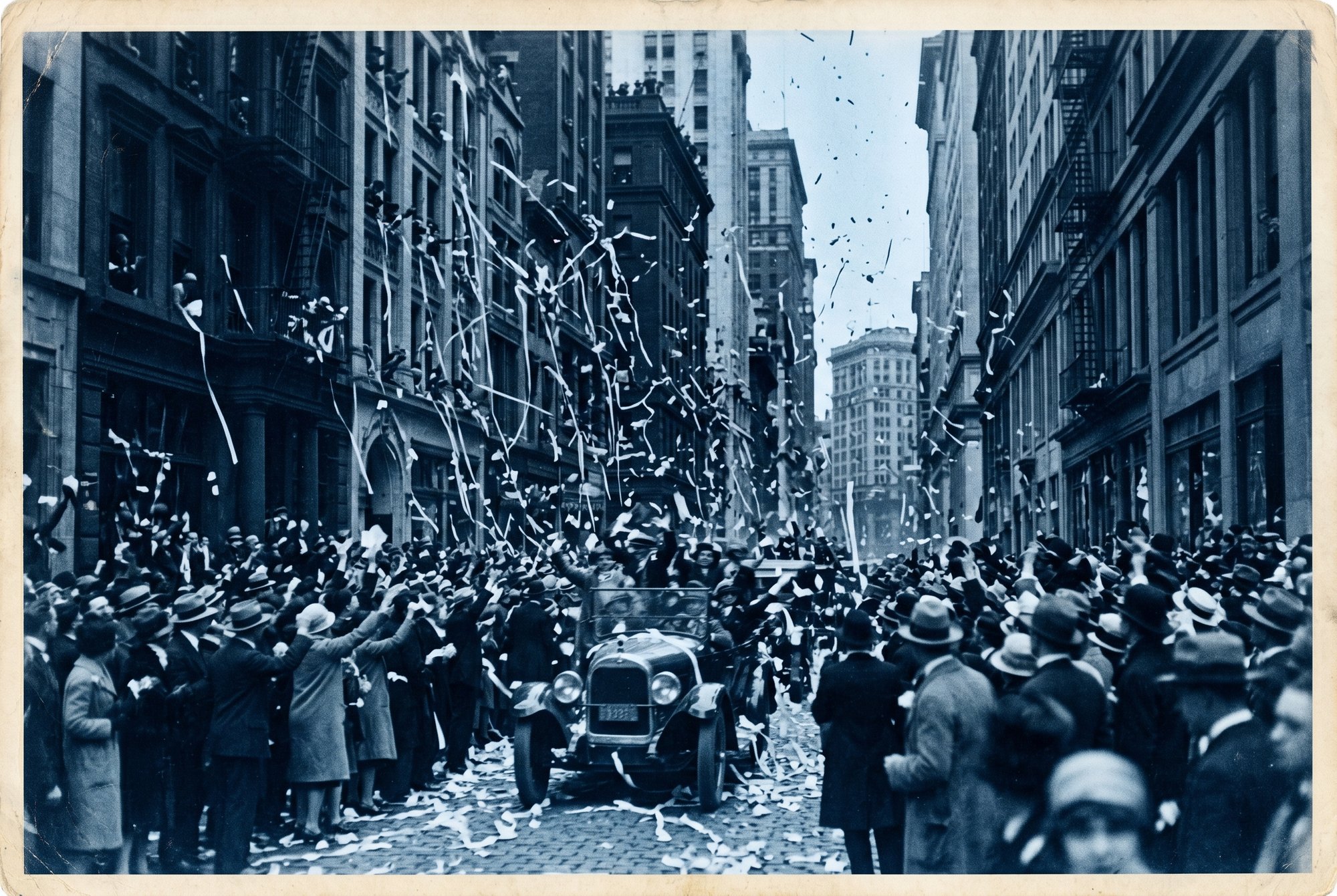 Atmospheric reproduction of a 1920s ticker-tape parade in Lower Manhattan
